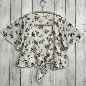 Reverse White Floral Open Tie Front Short Sleeve Sexy Cropped Blouse Small